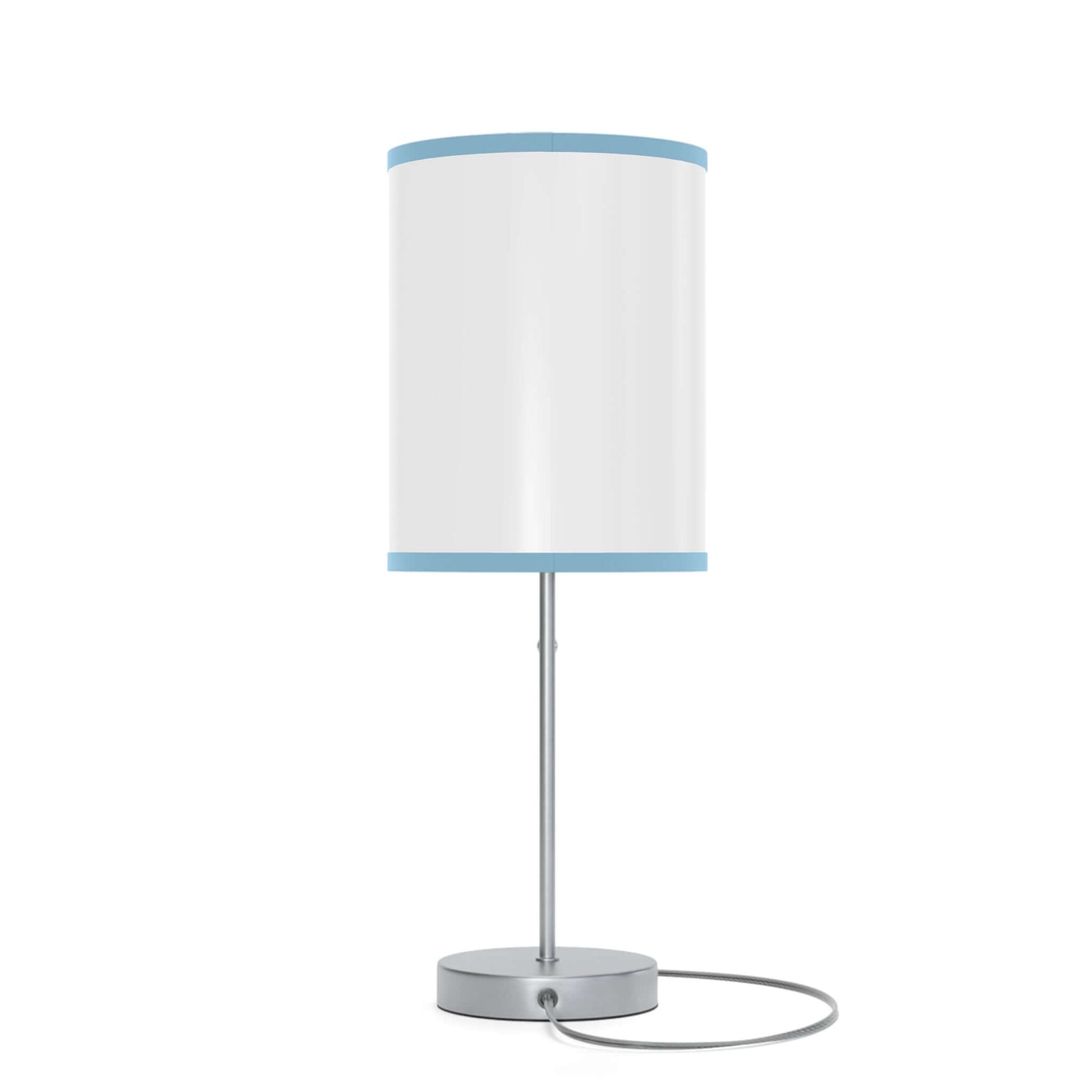 Modern table lamp with blue trim shade and silver steel base, designed for US and CA plugs.