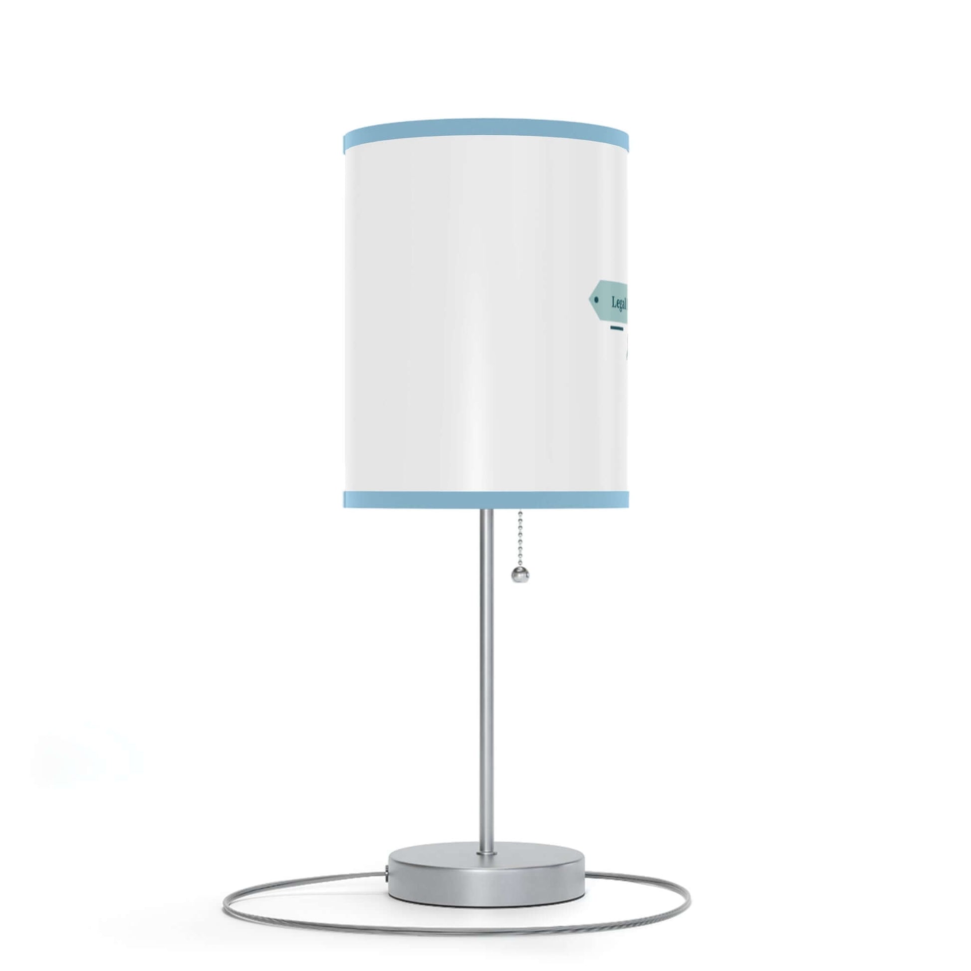 Contemporary table lamp on a steel stand with a white shade and blue trim, designed for US and CA plug standards.