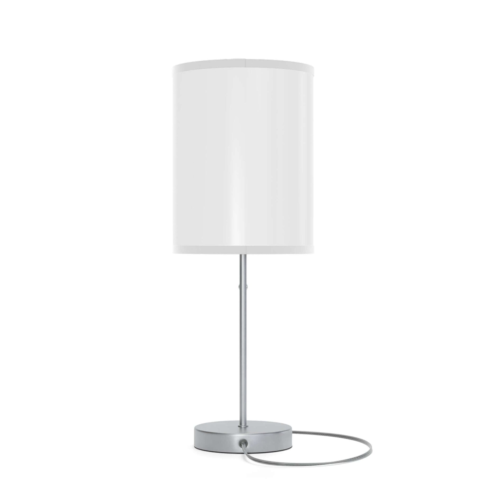 Modern table lamp on a steel stand with a white shade, featuring a US|CA plug and stylish metallic base.