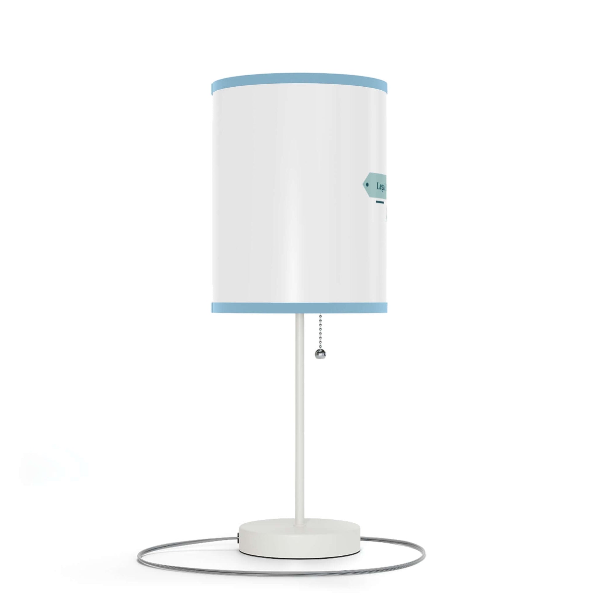 Stylish table lamp with white shade and blue trim, mounted on a sleek steel stand, perfect for US and CA plugs.