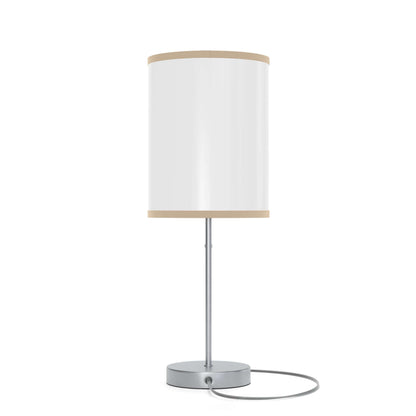 Stylish table lamp on a silver stand with white shade and beige trim, designed for US and CA plugs.