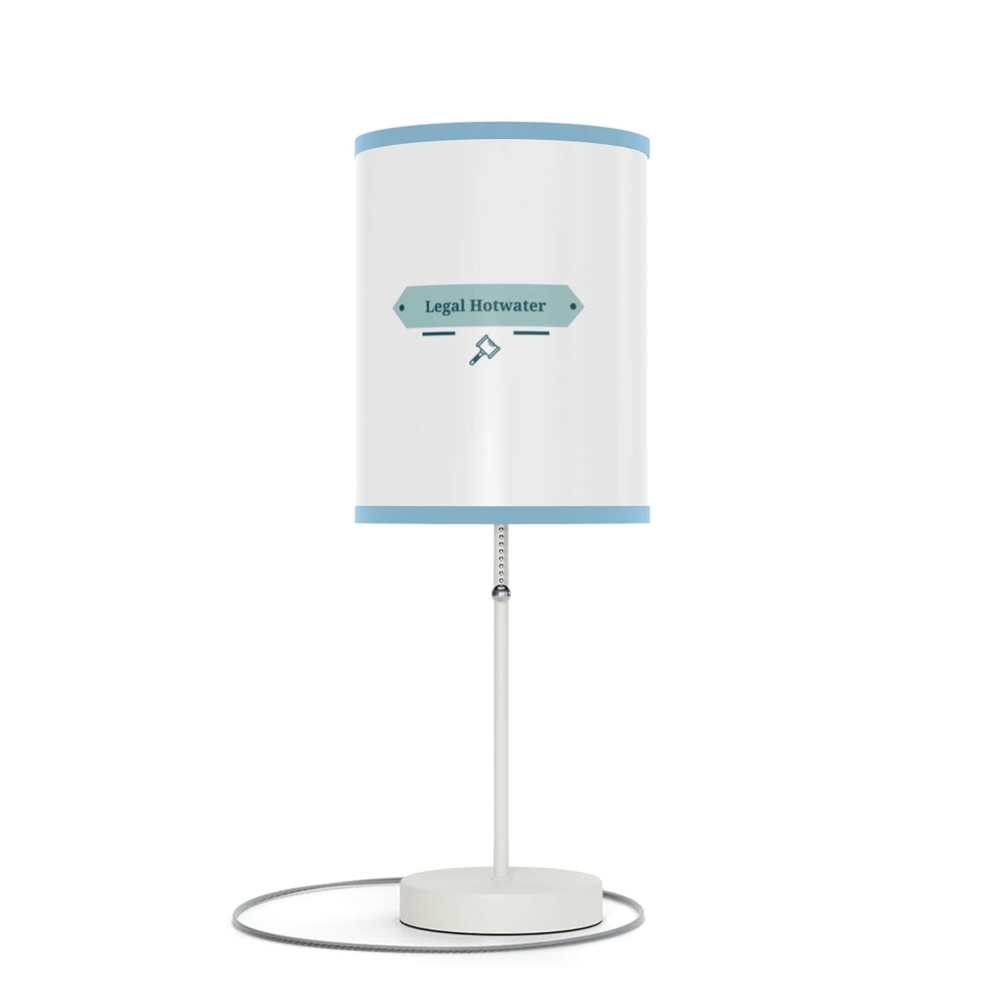 White table lamp on a stand with blue trim, featuring "Legal Hotwater" design, suitable for US and CA plugs.