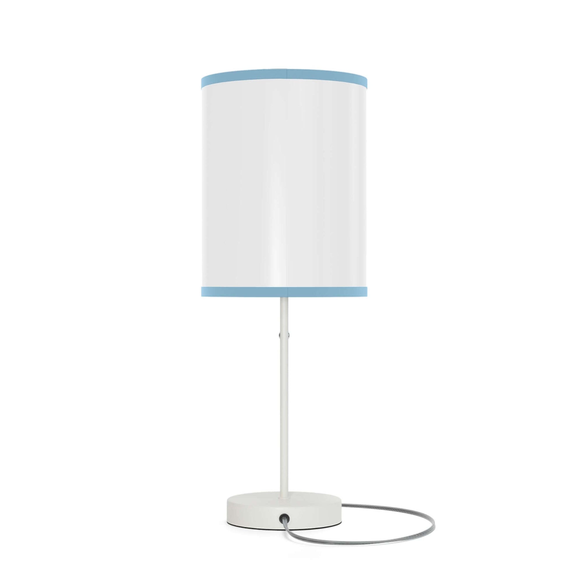 Table lamp on a stand with a white shade and blue trim, featuring a silver base and US|CA power cord.