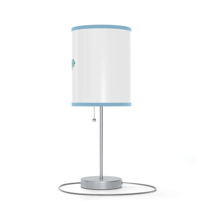 Table lamp on steel stand with blue trim, ideal for US and CA plugs, features high-resolution printable shade options.