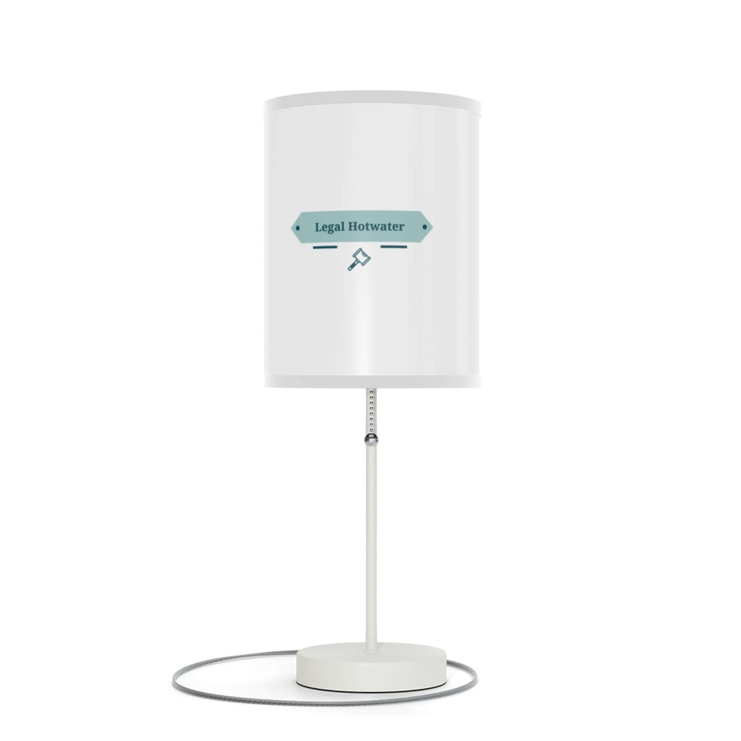 White table lamp on a stand with "Legal Hotwater" design, featuring a silver base and US|CA plug. Ideal for stylish decor.