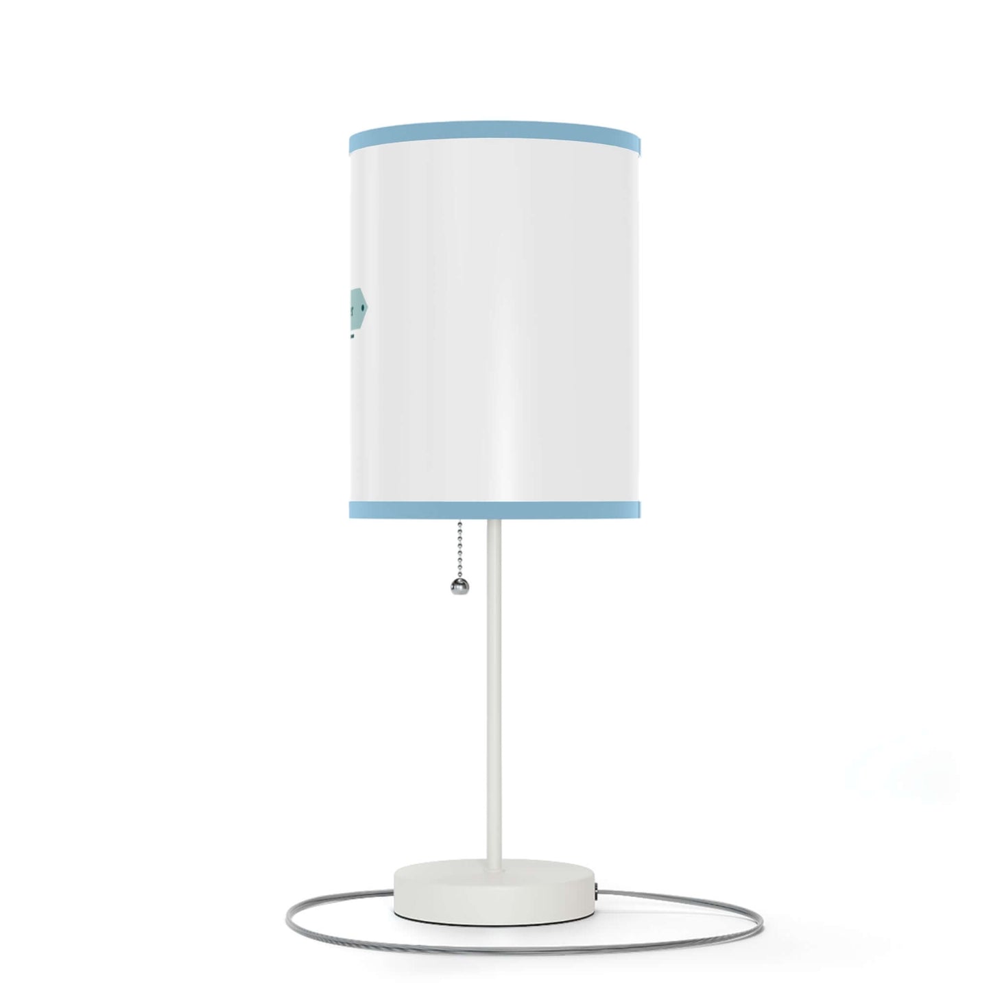 Table lamp on stand with a silver base and blue trim, suitable for US and CA plugs only.